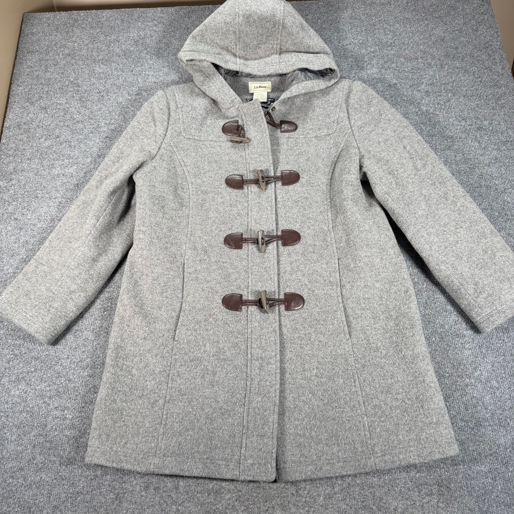 LL Bean Womens Gray Wool Duffle Coat Hooded Toggle Bellandi Fabric 16 Petite